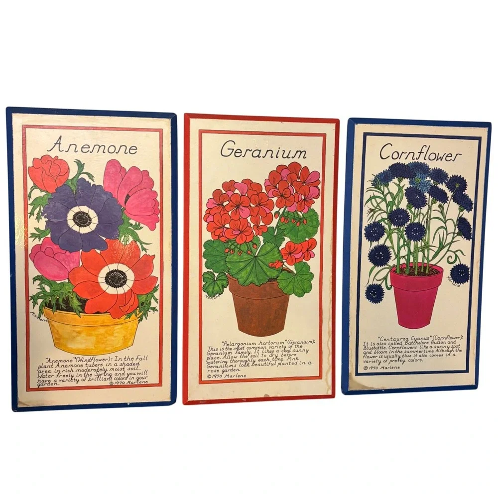 Vintage 1970 Marlene Jalem Plaque Co | Potted Flower Series 3pc Set | Beveled